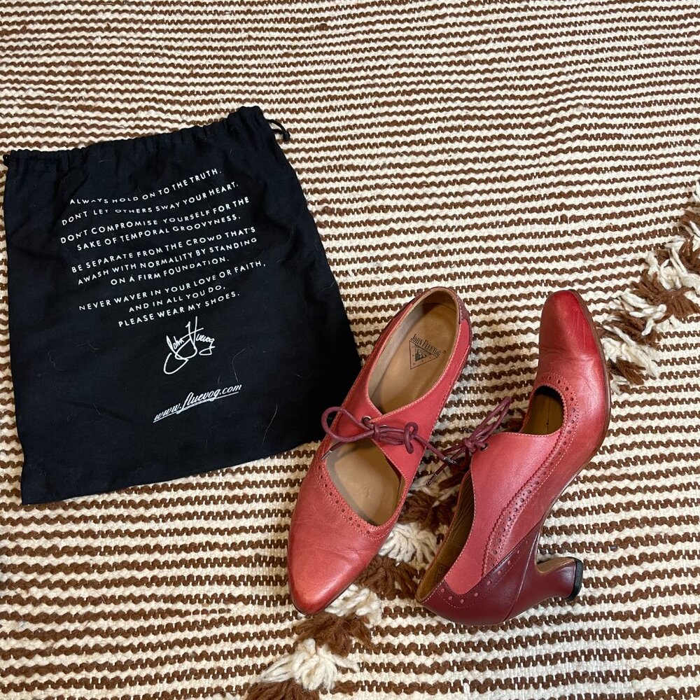 John Fluevog Lyra Red & Pink Brogue Lace-Up Pumps size 9.5